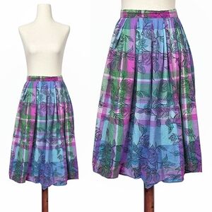 1980s Vintage Skirt 80s Plaid Floral Midi Pleat Pockets Cotton Small Rose A Line